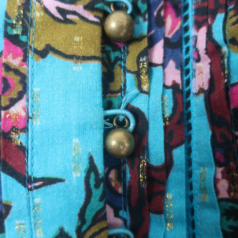 Figue Tassel Tie Long Sleeve Mini Dress Blue Metallic Floral Print Size Small