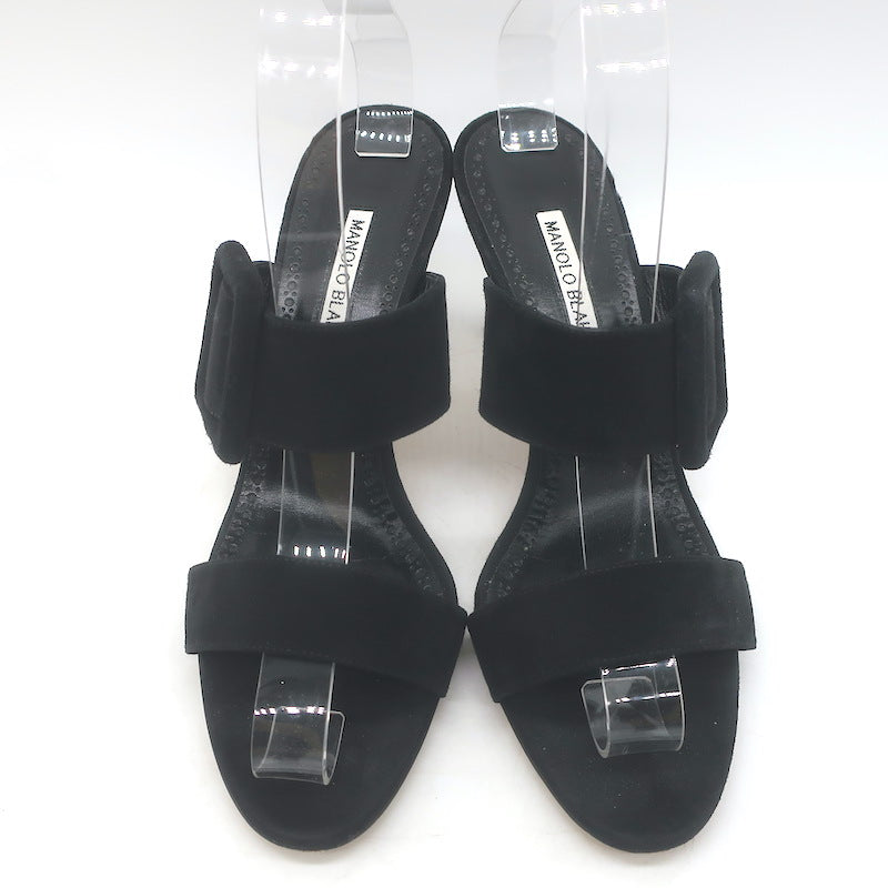 Manolo Blahnik Gable Two-Band Buckle Mules Black Suede Size 39 Open Toe Sandals