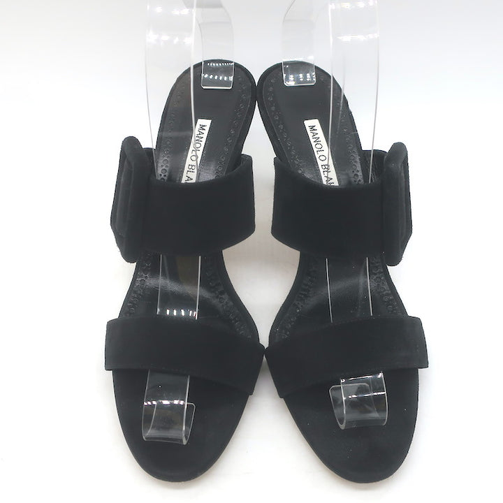 Manolo Blahnik Gable Two-Band Buckle Mules Black Suede Size 39 Open Toe Sandals