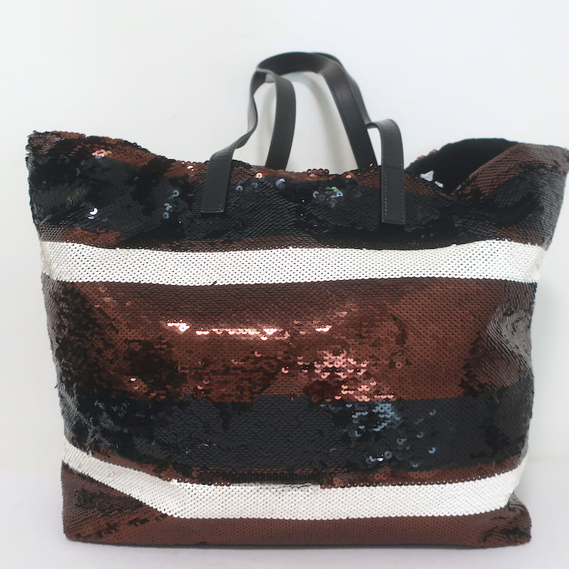 Prada Sequined Striped Tote Brown/Black Extra Large Shoulder Bag