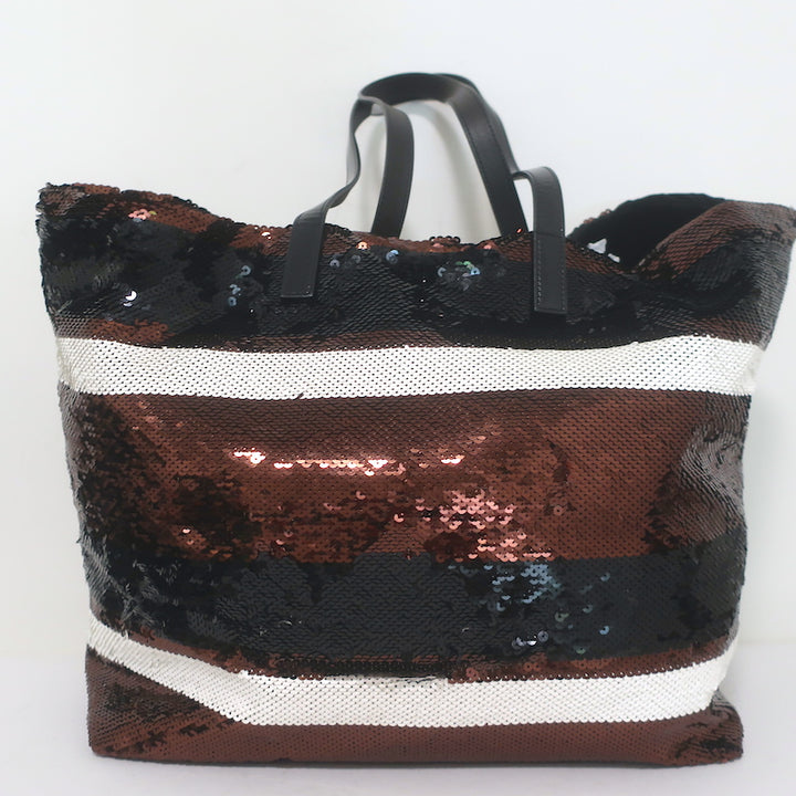 Prada Sequined Striped Tote Brown/Black Extra Large Shoulder Bag