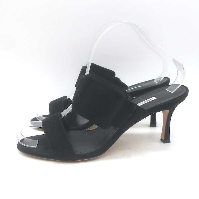 Manolo Blahnik Gable Two-Band Buckle Mules Black Suede Size 39 Open Toe Sandals