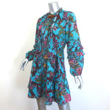 Figue Tassel Tie Long Sleeve Mini Dress Blue Metallic Floral Print Size Small