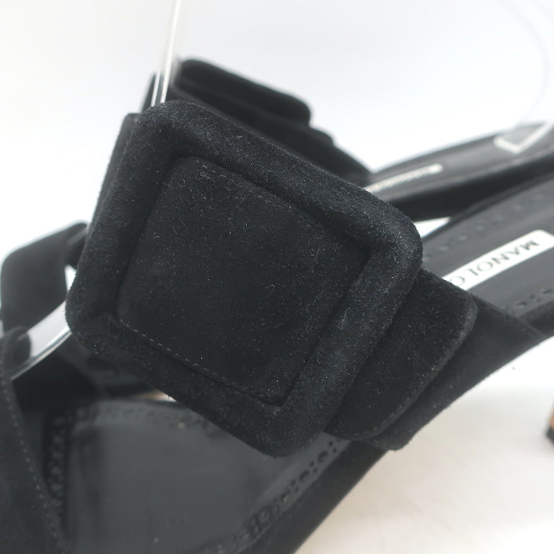 Manolo Blahnik Gable Two-Band Buckle Mules Black Suede Size 39 Open Toe Sandals
