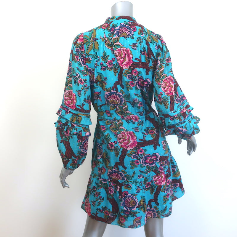 Figue Tassel Tie Long Sleeve Mini Dress Blue Metallic Floral Print Size Small