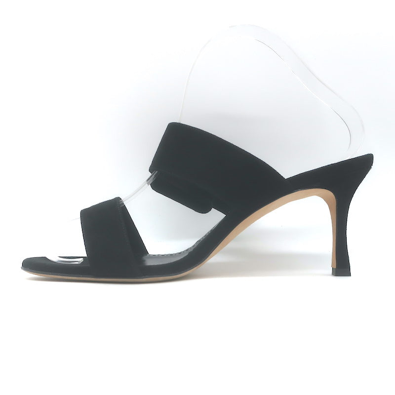 Manolo Blahnik Gable Two-Band Buckle Mules Black Suede Size 39 Open Toe Sandals