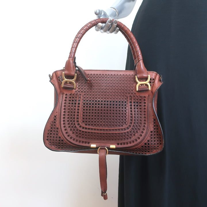 Chloe Marcie Medium Perforated Leather Shoulder Bag Brown Leather Crossbody