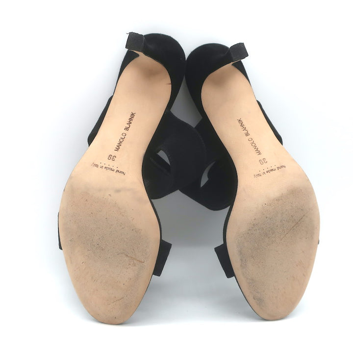 Manolo Blahnik Gable Two-Band Buckle Mules Black Suede Size 39 Open Toe Sandals
