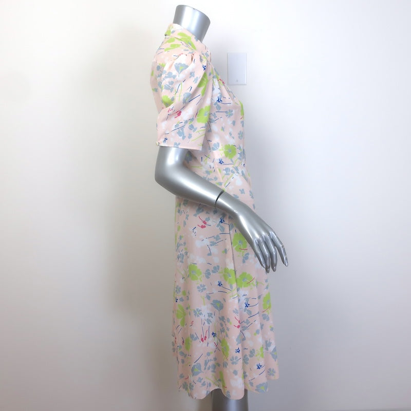 Prada Floral Print Collared Dress Light Pink/Multi Pleated Crepe Size 42 NEW