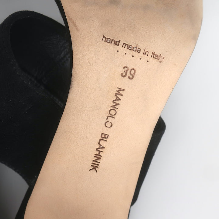 Manolo Blahnik Gable Two-Band Buckle Mules Black Suede Size 39 Open Toe Sandals