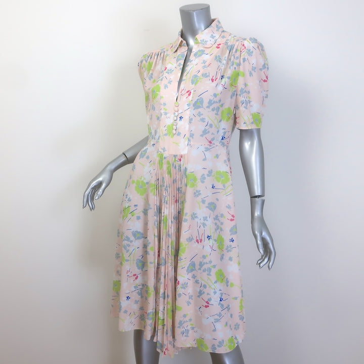 Prada Floral Print Collared Dress Light Pink/Multi Pleated Crepe Size 42 NEW