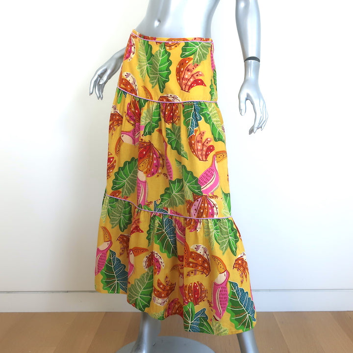 FARM Rio Beaks And Bananas Tiered Midi Skirt Yellow Linen-Blend Size Small