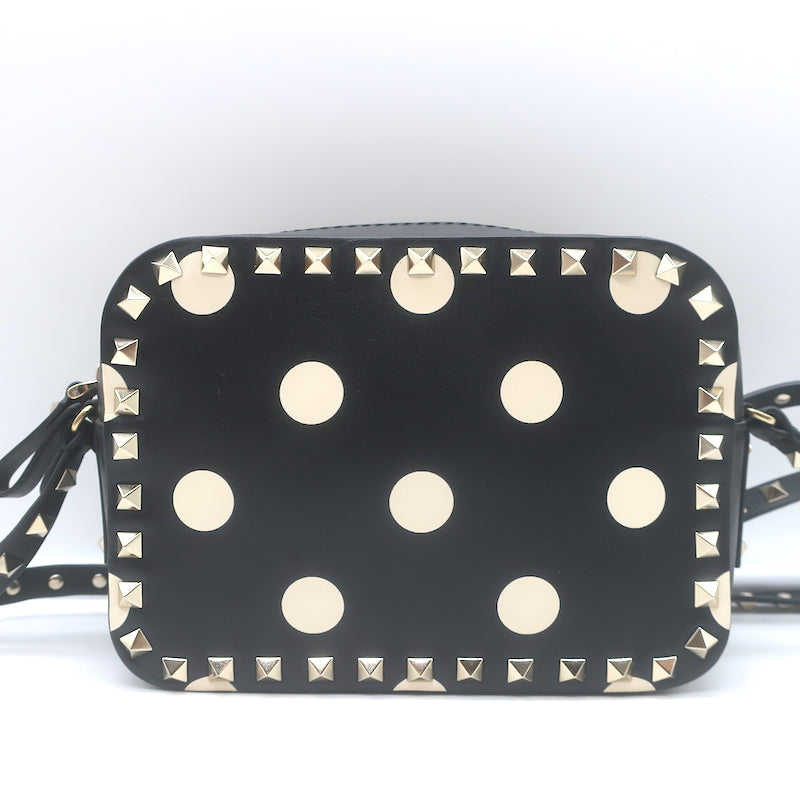 Valentino Polka Dot Rockstud Camera Bag Black &amp; Cream Leather Small Crossbody
