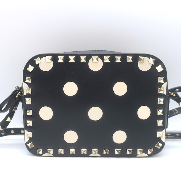 Valentino Polka Dot Rockstud Camera Bag Black &amp; Cream Leather Small Crossbody