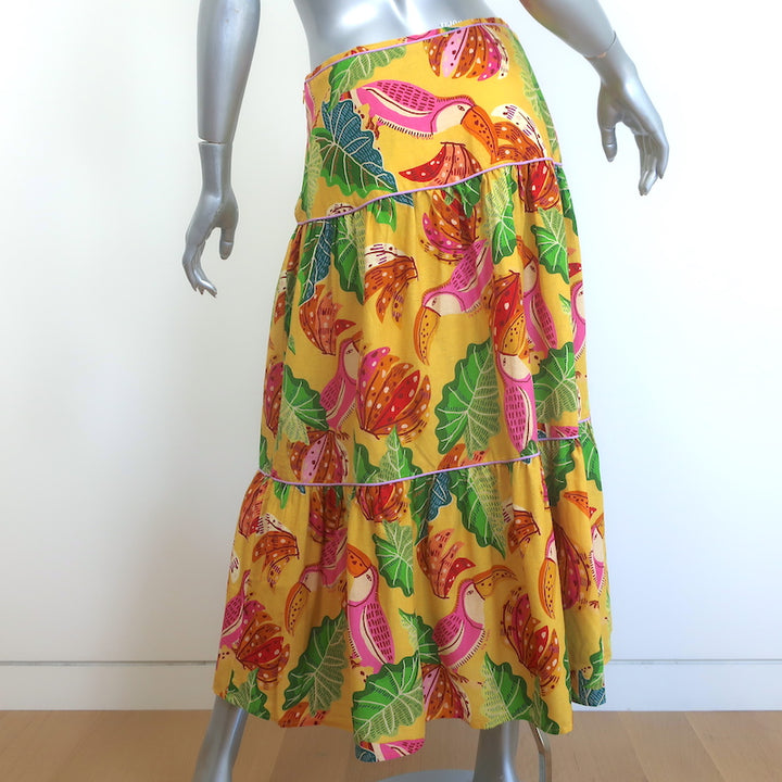 FARM Rio Beaks And Bananas Tiered Midi Skirt Yellow Linen-Blend Size Small