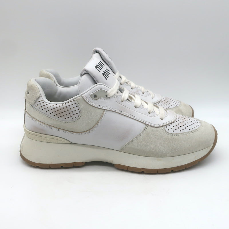 Miu Miu Distressed Low Top Sneakers White Perforated Leather &amp; Suede Size 38.5