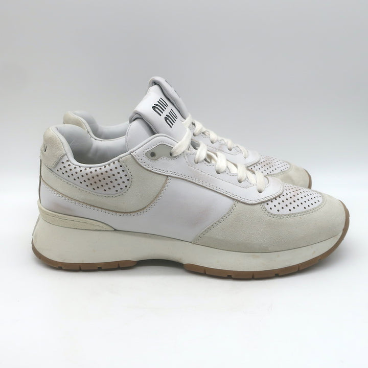 Miu Miu Distressed Low Top Sneakers White Perforated Leather &amp; Suede Size 38.5