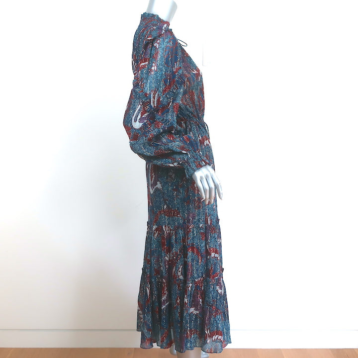 Ulla Johnson Ruffled Midi Dress Paola Navy Printed Metallic Cotton-Silk Size 4