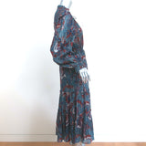 Ulla Johnson Ruffled Midi Dress Paola Navy Printed Metallic Cotton-Silk Size 4