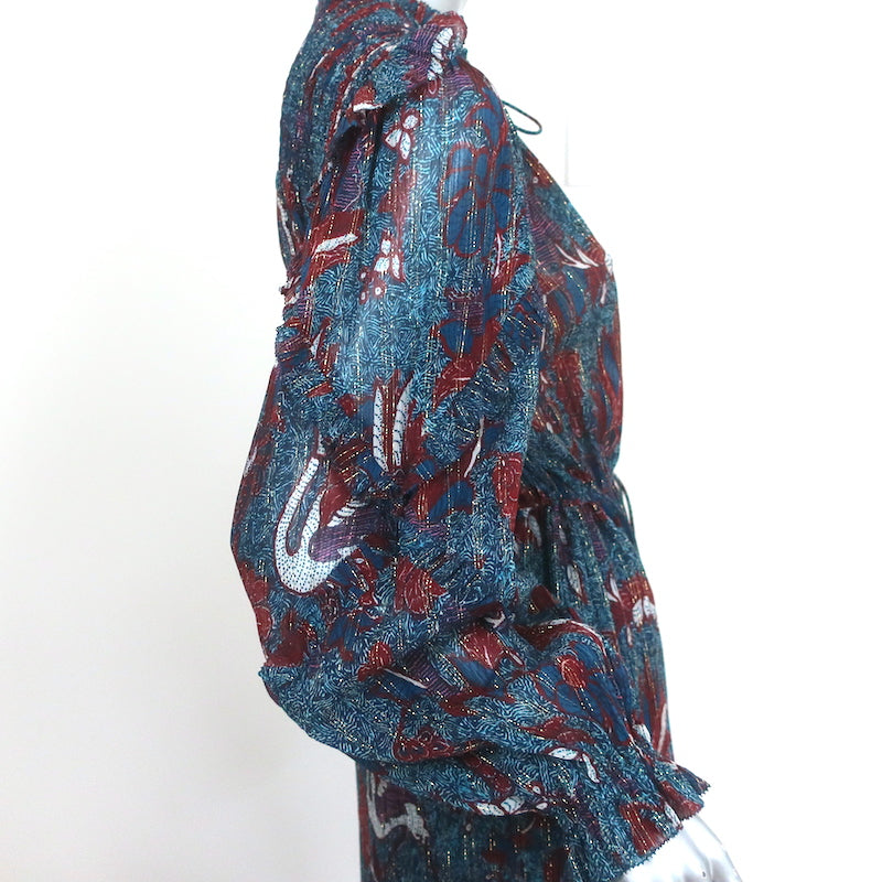 Ulla Johnson Ruffled Midi Dress Paola Navy Printed Metallic Cotton-Silk Size 4