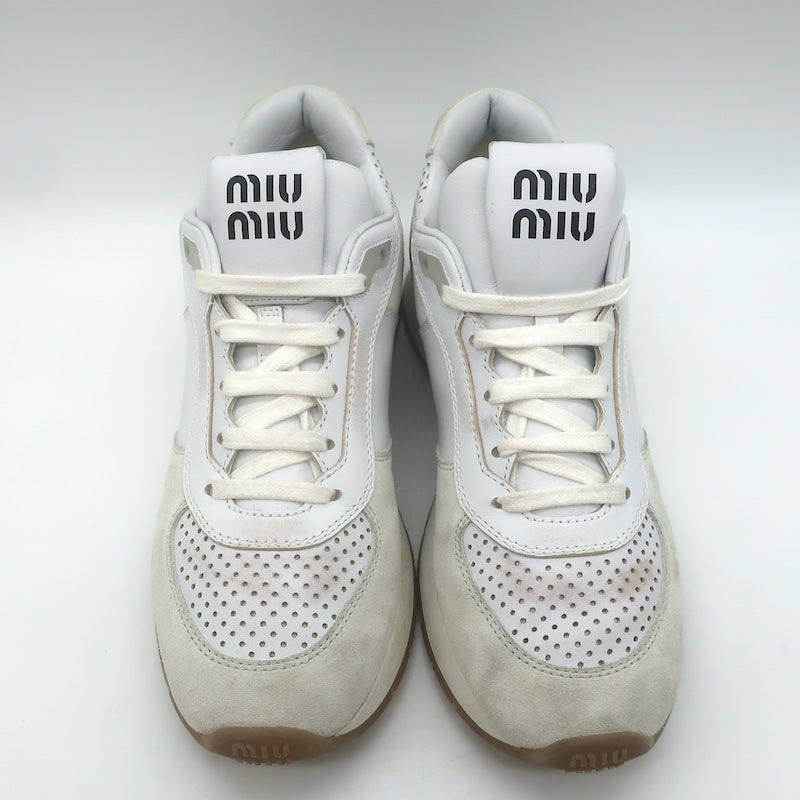 Miu Miu Distressed Low Top Sneakers White Perforated Leather &amp; Suede Size 38.5