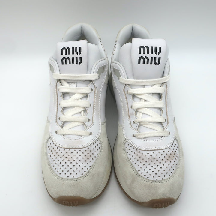 Miu Miu Distressed Low Top Sneakers White Perforated Leather &amp; Suede Size 38.5