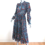 Ulla Johnson Ruffled Midi Dress Paola Navy Printed Metallic Cotton-Silk Size 4