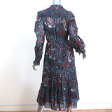 Ulla Johnson Ruffled Midi Dress Paola Navy Printed Metallic Cotton-Silk Size 4