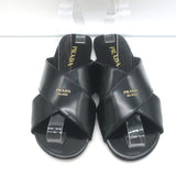 Prada Crisscross Flat Slide Sandals Black Brushed Leather Size 38