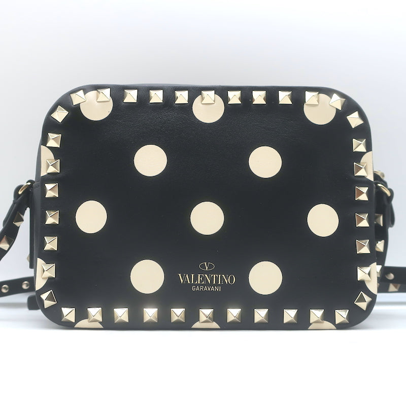 Valentino Polka Dot Rockstud Camera Bag Black &amp; Cream Leather Small Crossbody