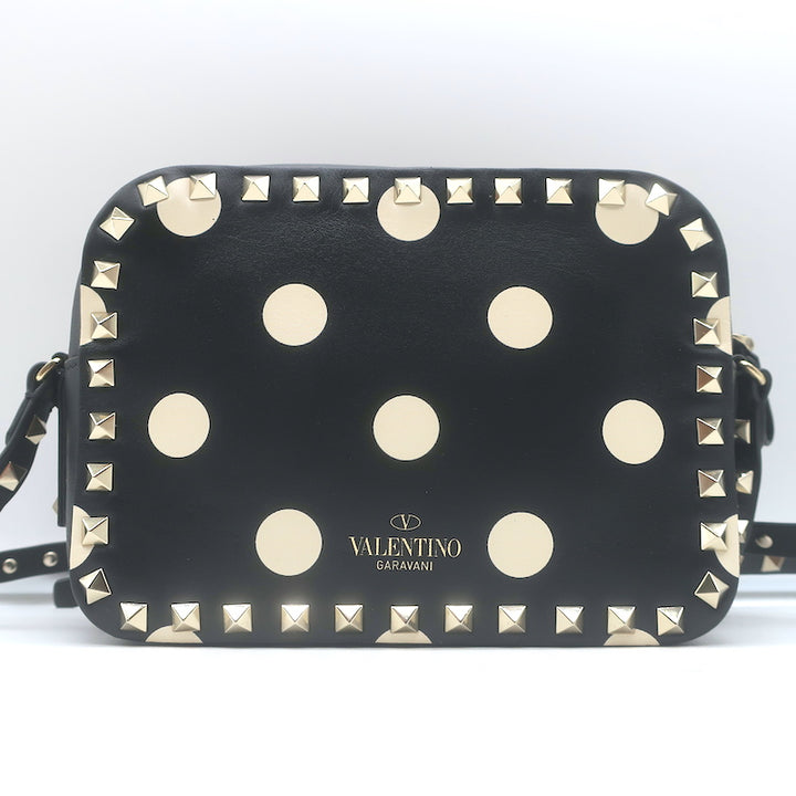 Valentino Polka Dot Rockstud Camera Bag Black &amp; Cream Leather Small Crossbody