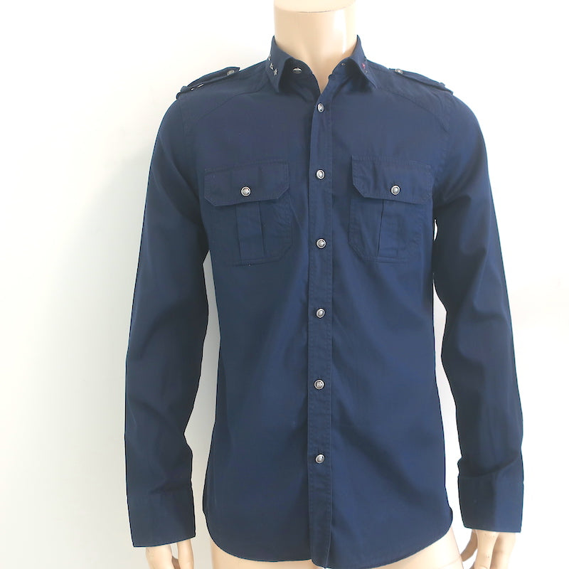 Gucci Military Shirt Navy Star-Embellished Cotton Size 39 - 15 1/2 Celebrity Owned Gucci Military Shirt Navy Star-Embellished Cotton Size 39 - 15 1/2 Celebrity Owned