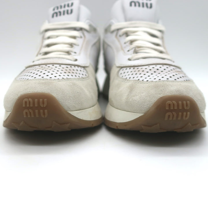 Miu Miu Distressed Low Top Sneakers White Perforated Leather &amp; Suede Size 38.5