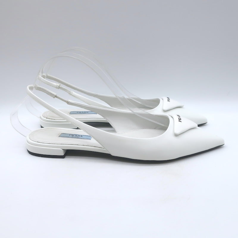 Prada Logo Pointed Toe Slingback Ballet Flats White Brushed Leather Size 38