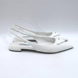 Prada Logo Pointed Toe Slingback Ballet Flats White Brushed Leather Size 38