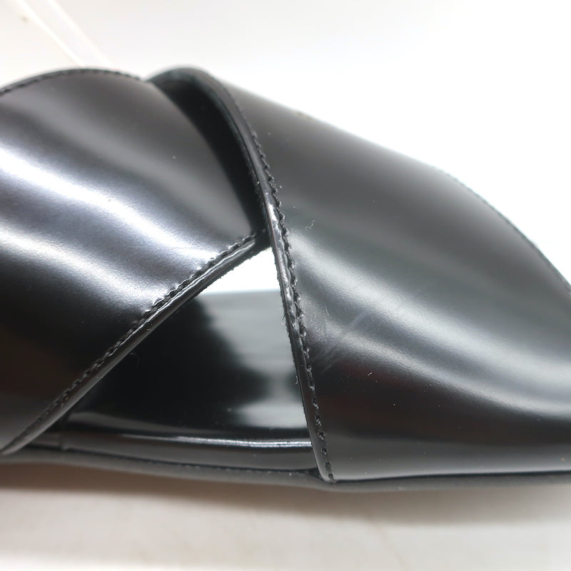 Prada Crisscross Flat Slide Sandals Black Brushed Leather Size 38