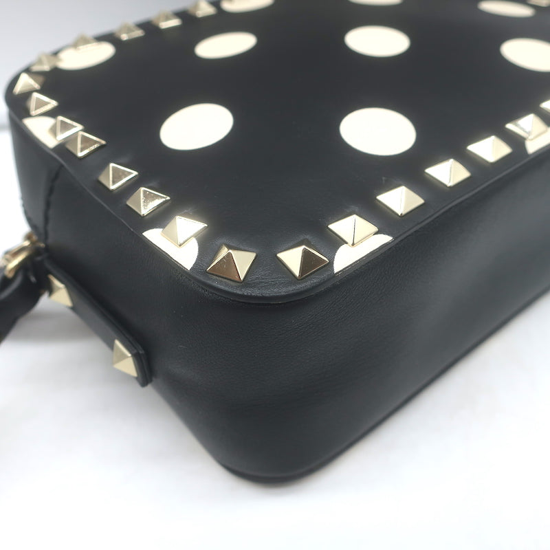 Valentino Polka Dot Rockstud Camera Bag Black &amp; Cream Leather Small Crossbody