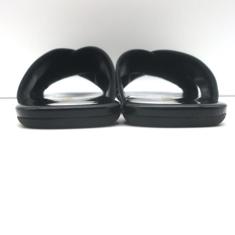 Prada Crisscross Flat Slide Sandals Black Brushed Leather Size 38