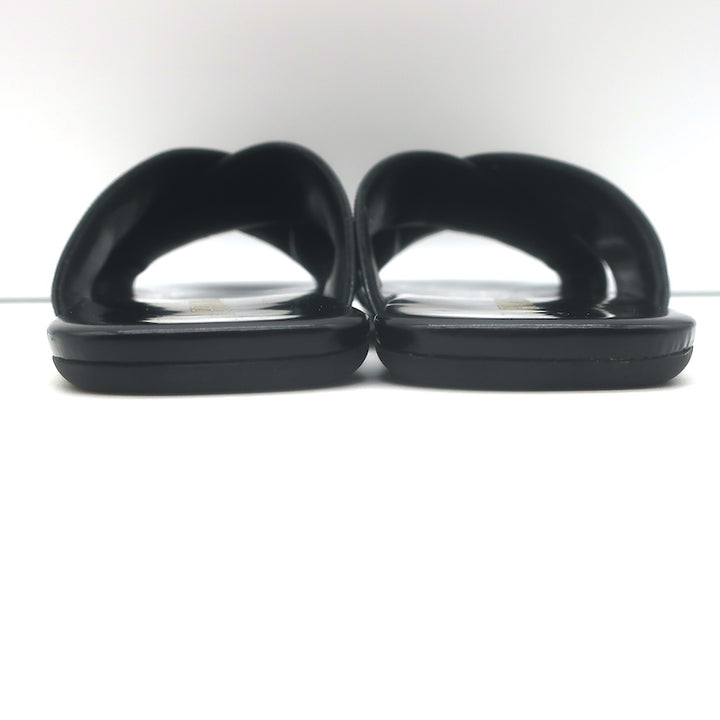 Prada Crisscross Flat Slide Sandals Black Brushed Leather Size 38