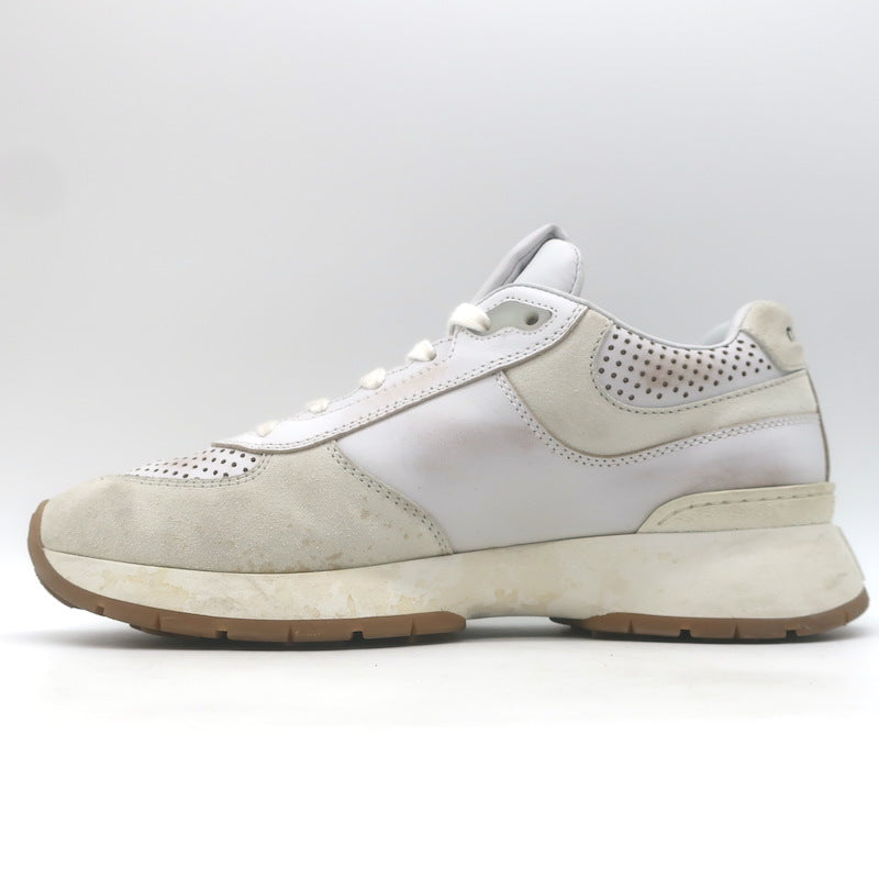 Miu Miu Distressed Low Top Sneakers White Perforated Leather &amp; Suede Size 38.5
