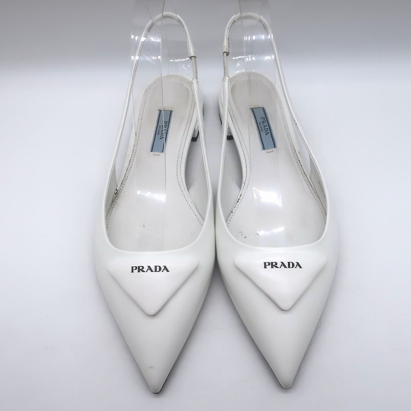 Prada Logo Pointed Toe Slingback Ballet Flats White Brushed Leather Size 38