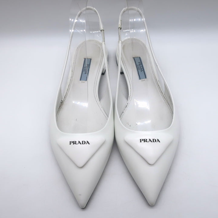Prada Logo Pointed Toe Slingback Ballet Flats White Brushed Leather Size 38