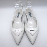 Prada Logo Pointed Toe Slingback Ballet Flats White Brushed Leather Size 38