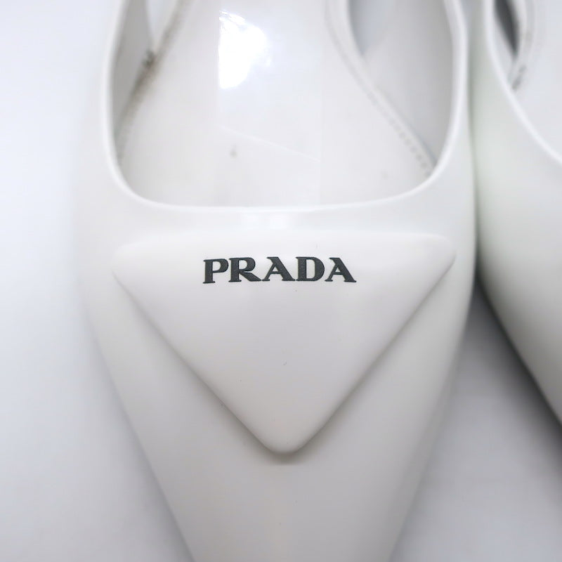 Prada Logo Pointed Toe Slingback Ballet Flats White Brushed Leather Size 38