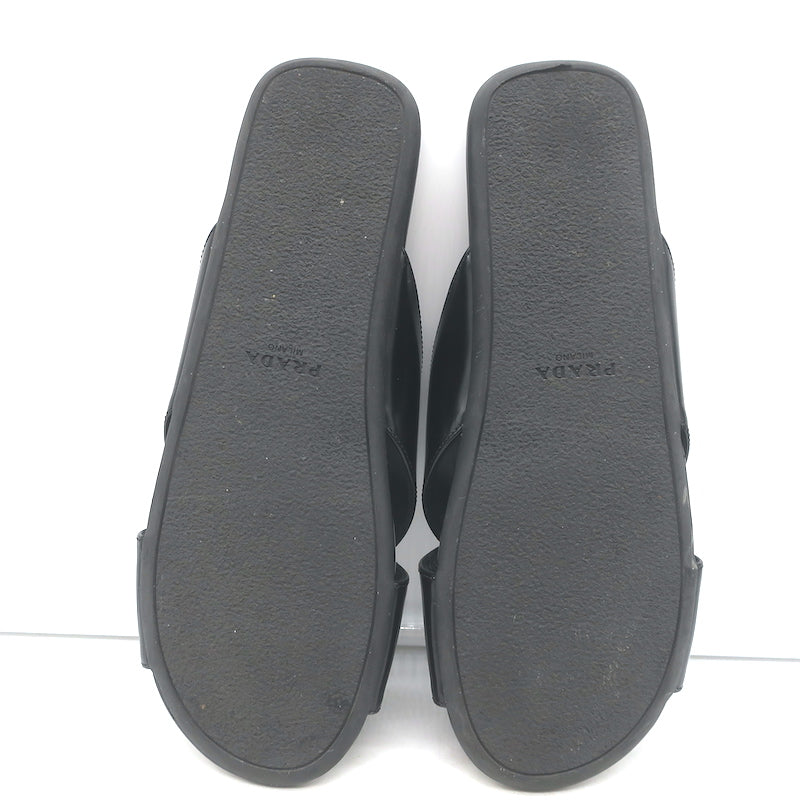 Prada Crisscross Flat Slide Sandals Black Brushed Leather Size 38