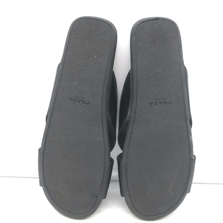 Prada Crisscross Flat Slide Sandals Black Brushed Leather Size 38