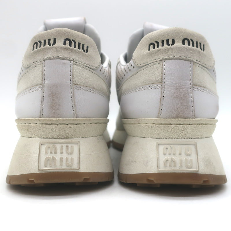 Miu Miu Distressed Low Top Sneakers White Perforated Leather &amp; Suede Size 38.5