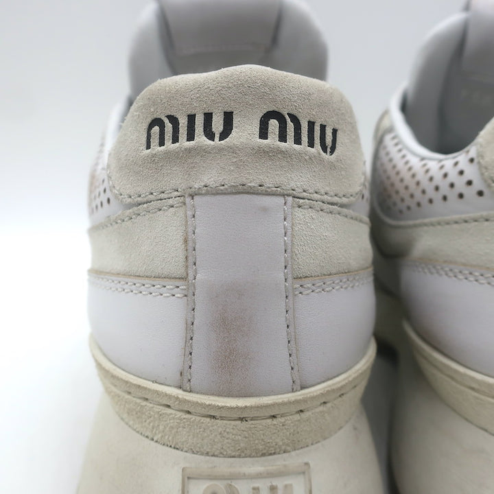 Miu Miu Distressed Low Top Sneakers White Perforated Leather &amp; Suede Size 38.5
