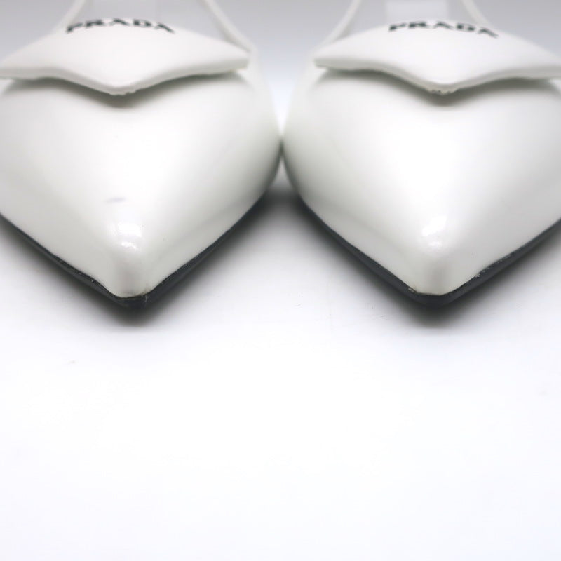 Prada Logo Pointed Toe Slingback Ballet Flats White Brushed Leather Size 38