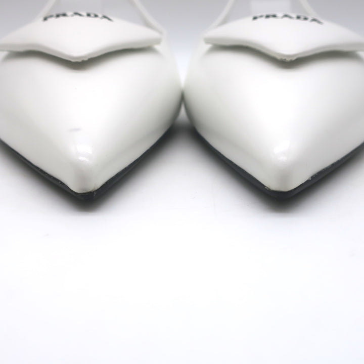 Prada Logo Pointed Toe Slingback Ballet Flats White Brushed Leather Size 38